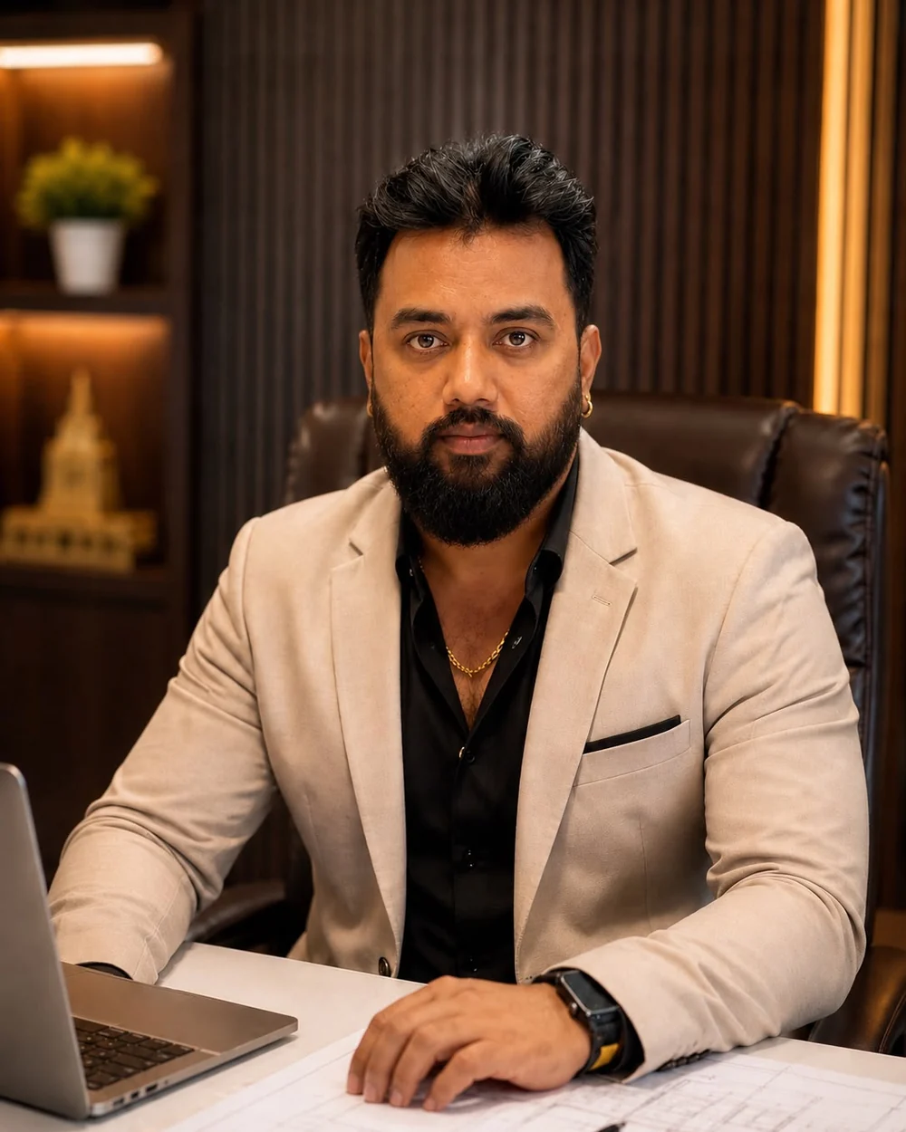 Vishnu Malepati, founder of Ciara Homes and civil engineer, at his office desk
