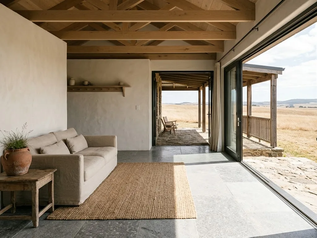 An open-plan farmhouse living space with sliding doors opened onto a shaded verandah