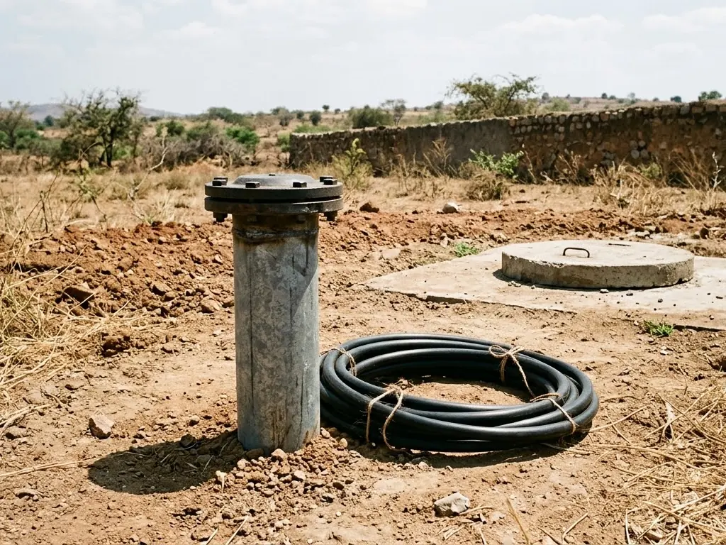 A newly finished borewell head and sump cover on a rural plot