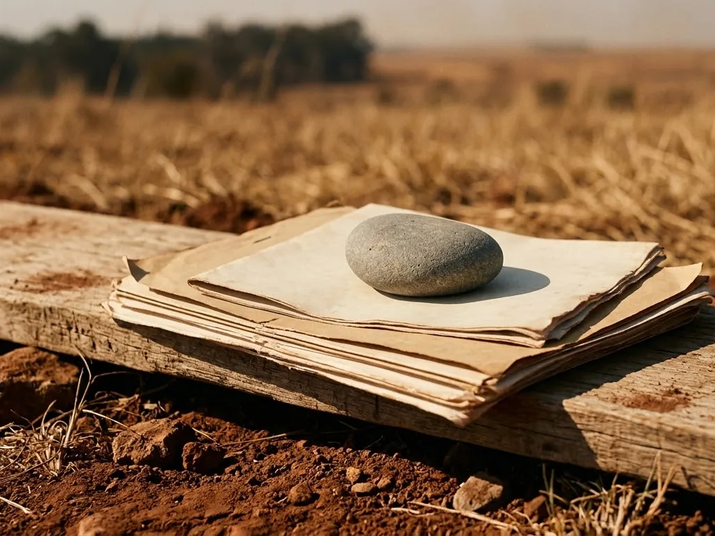 Land survey documents held down by a stone at the edge of a rural plot