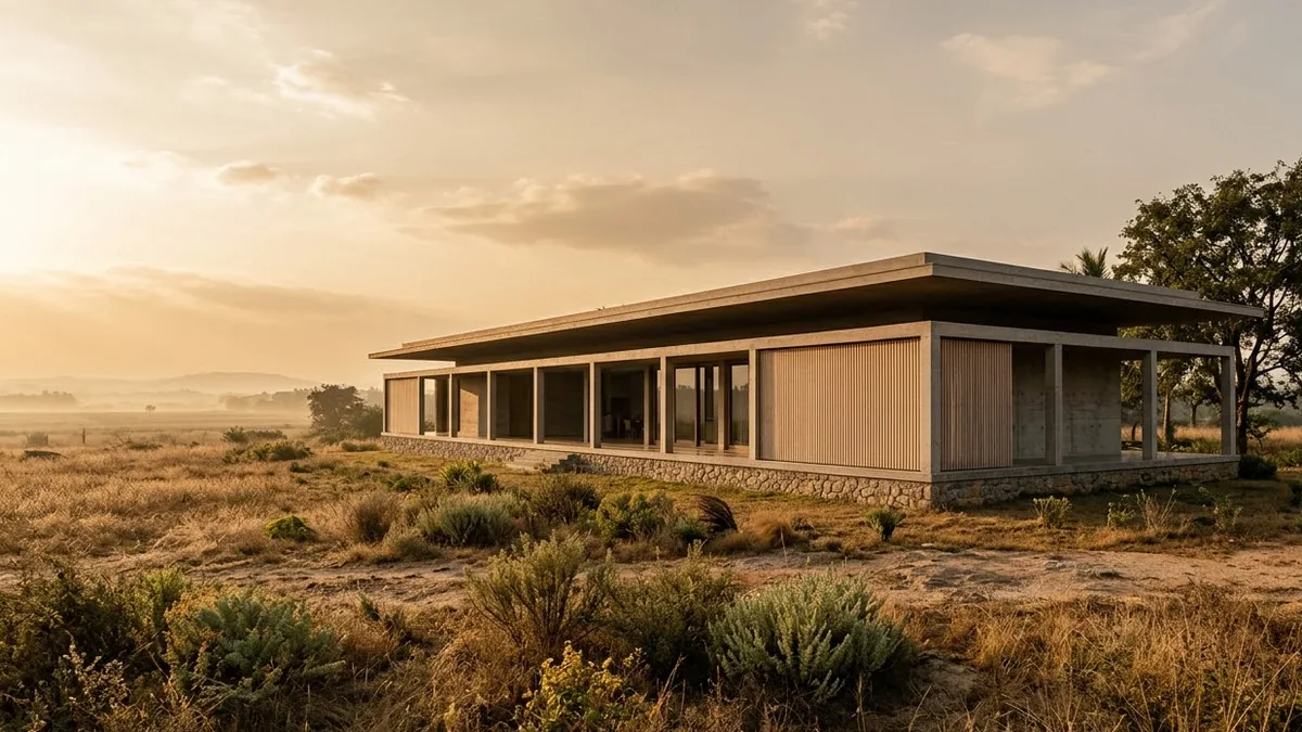 A contemporary farmhouse on open land outside Bengaluru