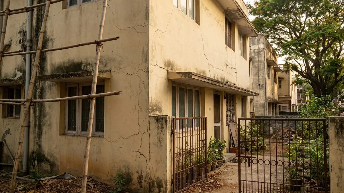 An ageing two-storey house in an older Bangalore neighbourhood, cream plaster marked with cracks and monsoon stains, bamboo scaffolding along one side, rusted iron gates and a gulmohar tree beside it