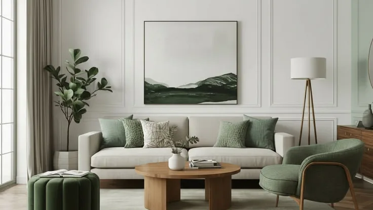 A white paneled living room with a cream sofa, sage green cushions, a green velvet armchair and fluted ottoman, a round wooden coffee table and a herringbone wood floor