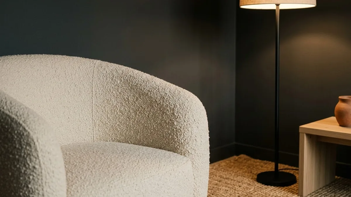 A cream boucle armchair beside a slim floor lamp casting warm light onto a jute rug, with a pale oak bench and a terracotta vessel against a dark wall