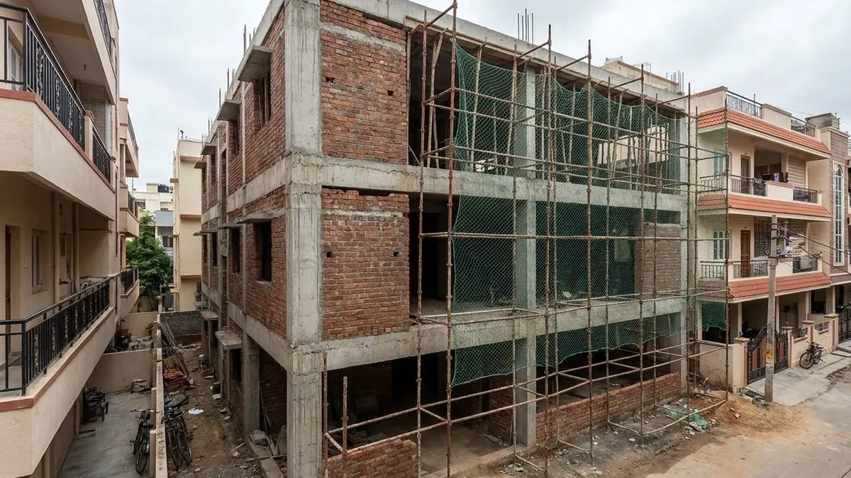 A three-storey builder floor under construction on a narrow Bangalore plot, exposed concrete frame and brick infill behind scaffolding, with finished houses tight on either side