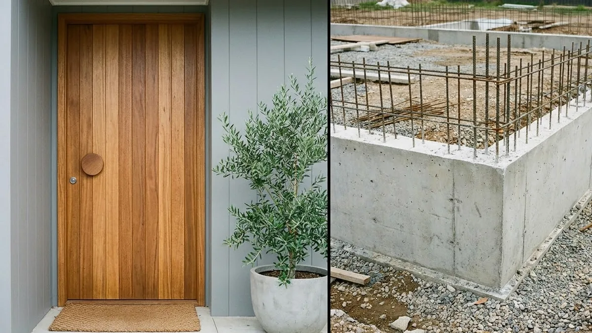 A split image - a finished home's warm wooden front door on one side, the steel rebar and concrete foundation of a house at plinth level on the other