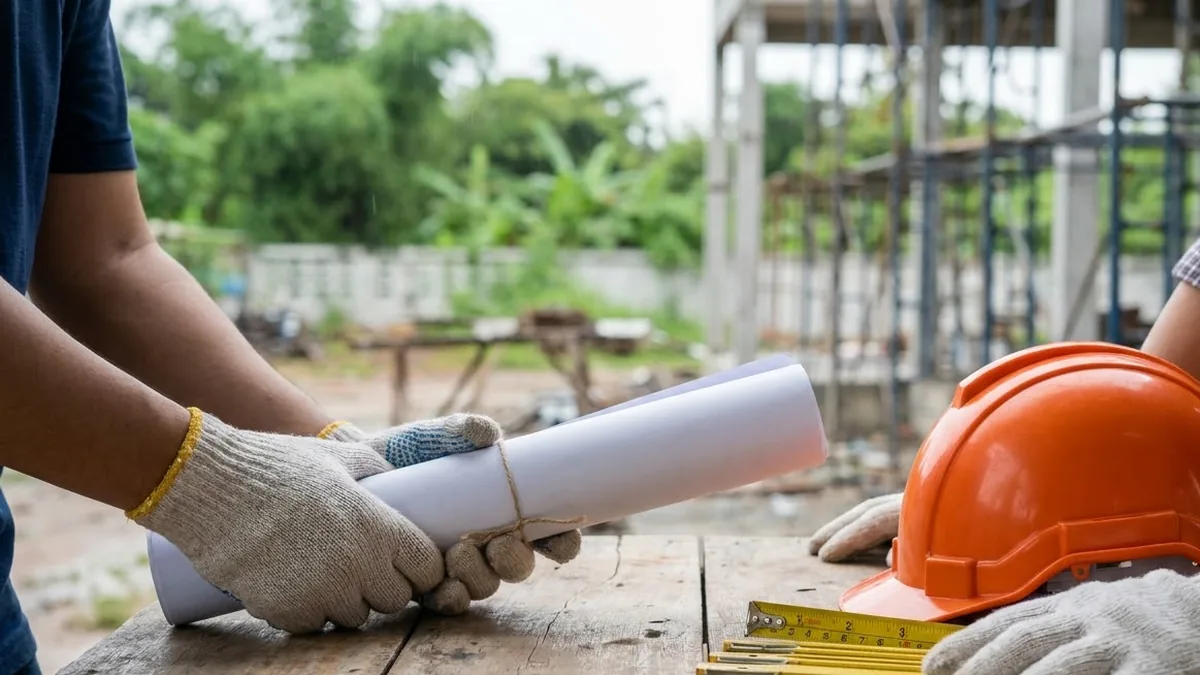 Two people in work gloves at a site table with a rolled drawing, an orange hard hat and a folding measuring tape, a house under construction behind them