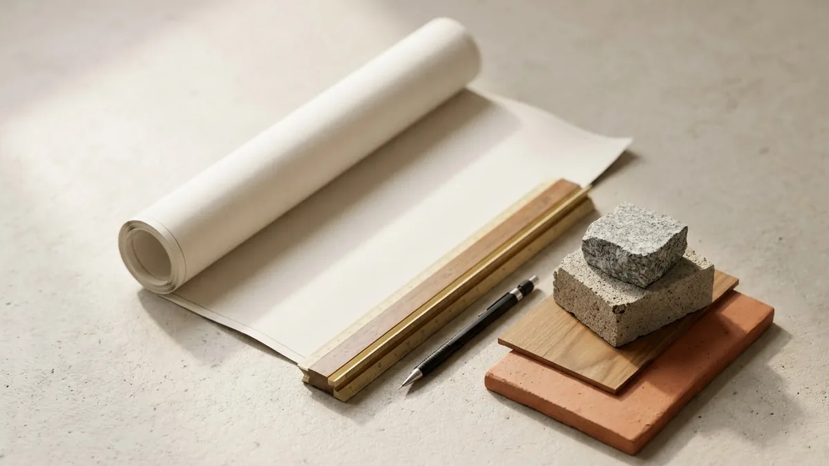 A blank rolled blueprint, a wooden scale rule, a pencil and samples of granite, cement block, teak and terracotta laid out on a concrete surface