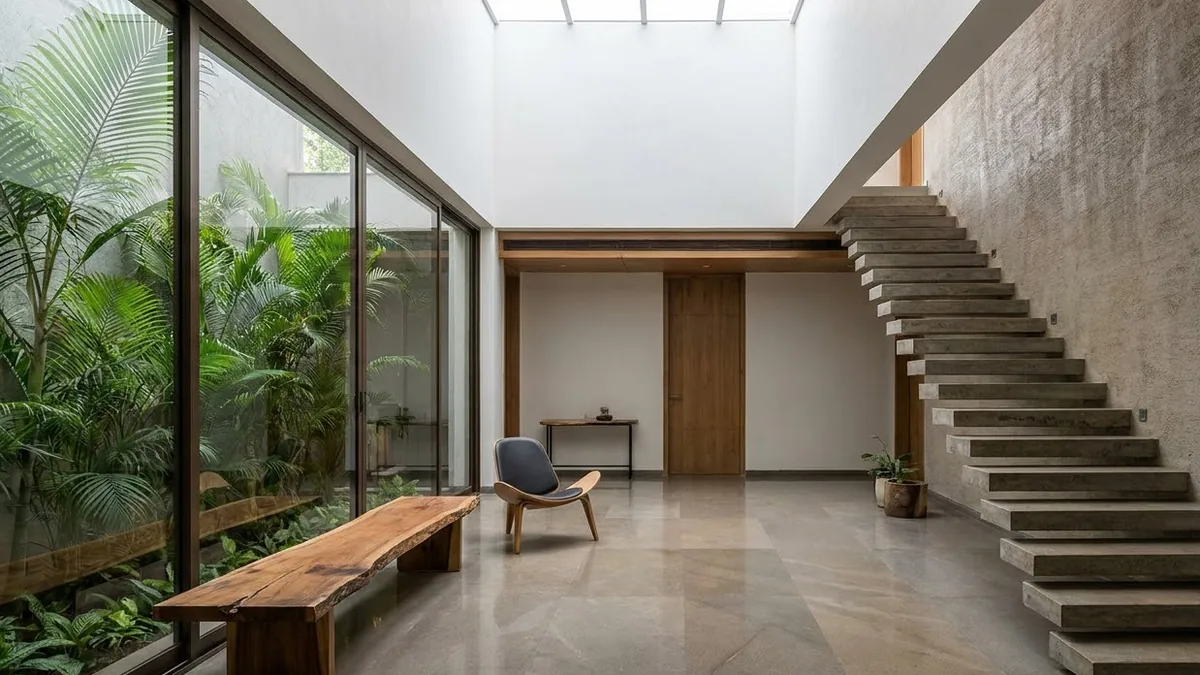 A double-height entrance in a contemporary Bangalore duplex, a floating concrete staircase set against a textured side wall, a skylight overhead and a glass wall onto a planted courtyard