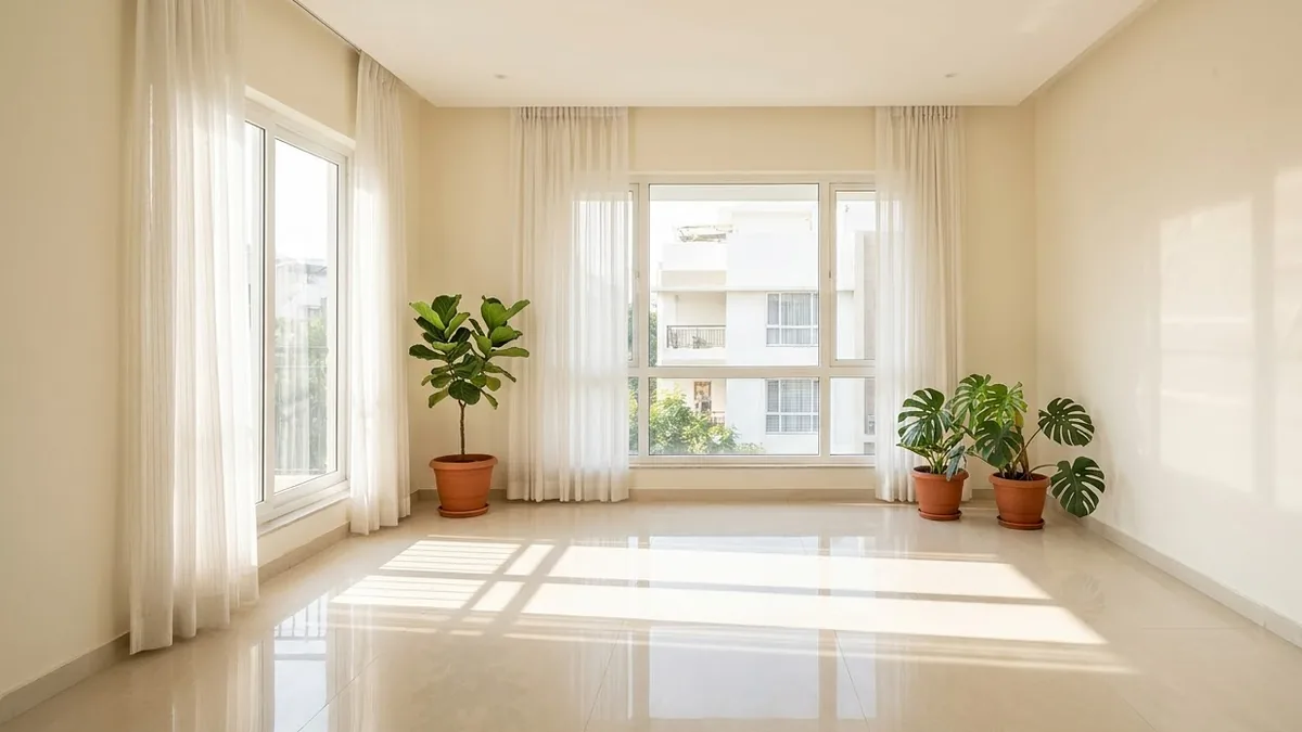 An empty living room in a Bangalore home with tall windows and sheer white curtains, morning sunlight falling in soft rectangles across a pale glossy tiled floor beside three potted plants