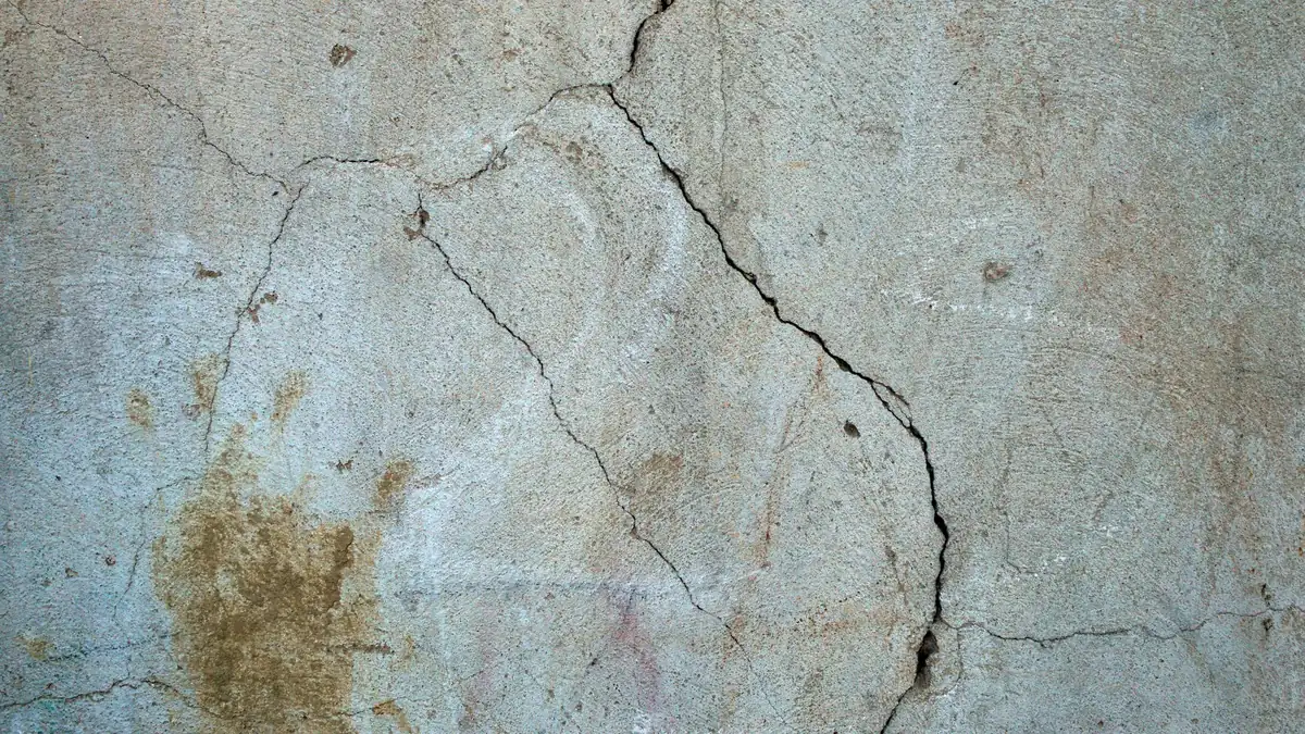 Close-up of a plastered wall with a long jagged crack running diagonally across it, finer hairline cracks branching off and a brown damp stain spreading near the bottom left