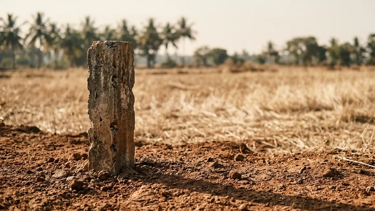 A weathered survey marker post set in dry red soil at the edge of a rural plot near Bangalore, with open grassland and a distant tree line behind it