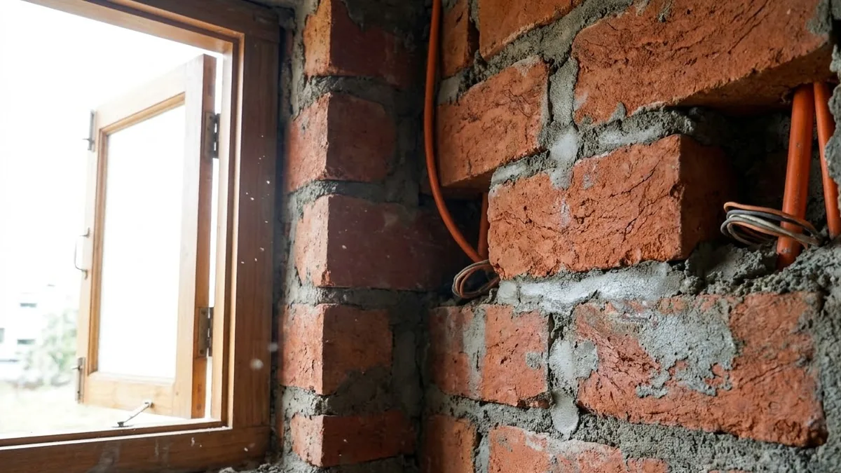 An unfinished brick and cement wall with electrical conduit and wiring left exposed inside the wall cavity