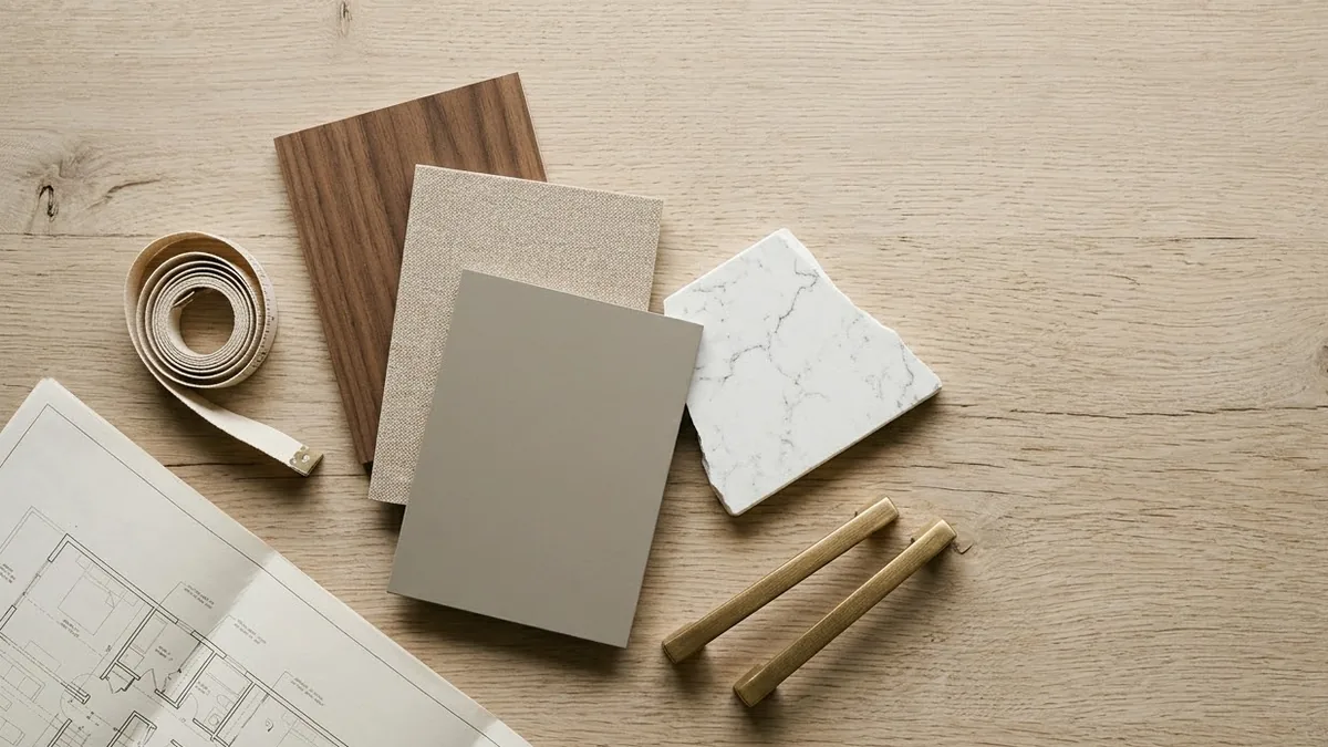 Interior finish samples laid out on a pale oak table - laminate and stone swatches, brass cabinet handles, a tape measure and the corner of a folded floor plan