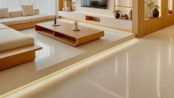 A living room with cream modular seating, a low wooden coffee table, a wall-mounted television in a backlit wood-panelled unit and recessed cove lighting running along a polished floor