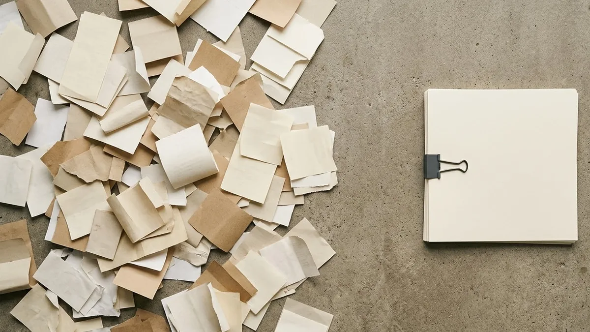 Many loose paper slips scattered across a concrete surface on one side, and a single neatly clipped stack of paper on the other