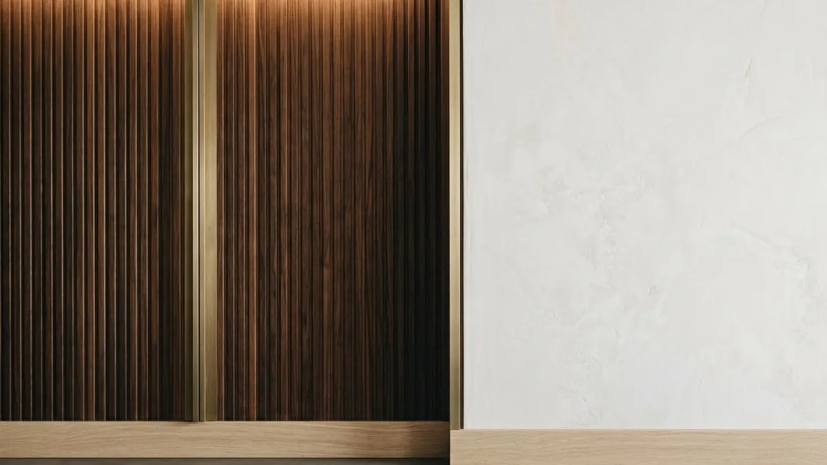 Two wall treatments meeting at a clean vertical seam: fluted dark walnut panelling with a brass trim on the left, plain warm-white plaster on the right
