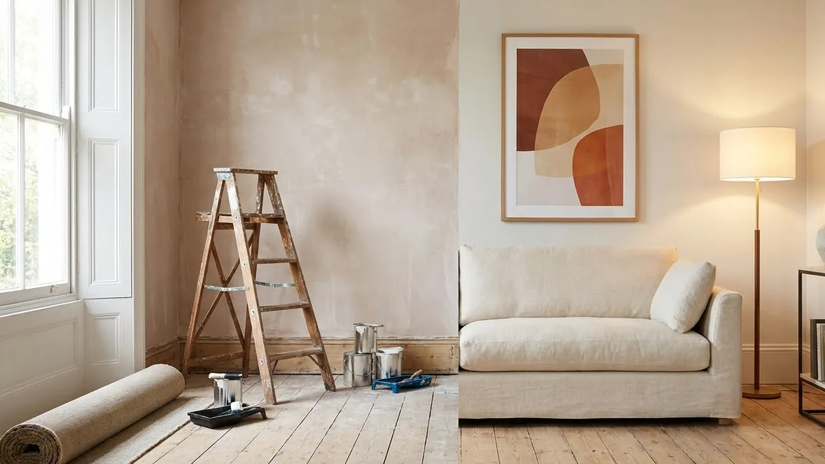 A living room halfway through a makeover - a bare wall, stepladder and rolled rug on one side, a finished seating area with a lit floor lamp on the other