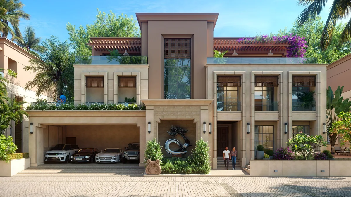 A two-storey modern independent house with a pale stone facade, a tall central glass window, a rooftop pergola spilling bougainvillea, covered parking for four cars and palm trees on either side