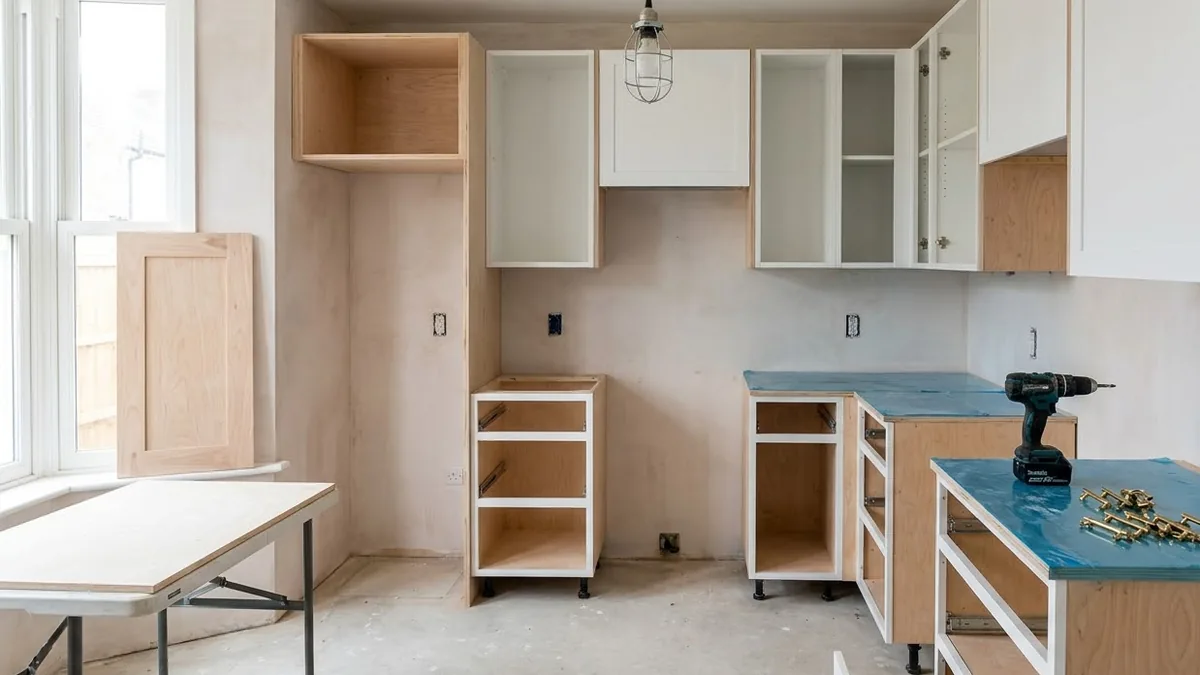A modular kitchen mid-installation with plywood carcasses fixed in place, shutters not yet mounted and brass handles waiting on the countertop