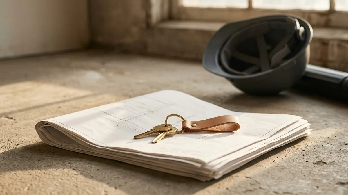 A set of brass keys on a leather fob resting on a folded set of architectural drawings, with a dark hard hat behind them on a concrete floor