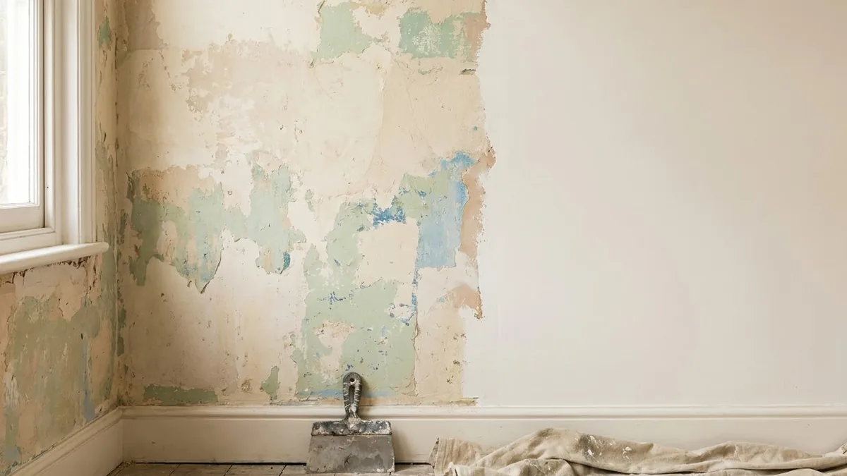 An interior wall mid-renovation - old rough plaster and previous paint layers on one half, freshly skimmed warm white on the other, with a putty knife on the dust sheet below