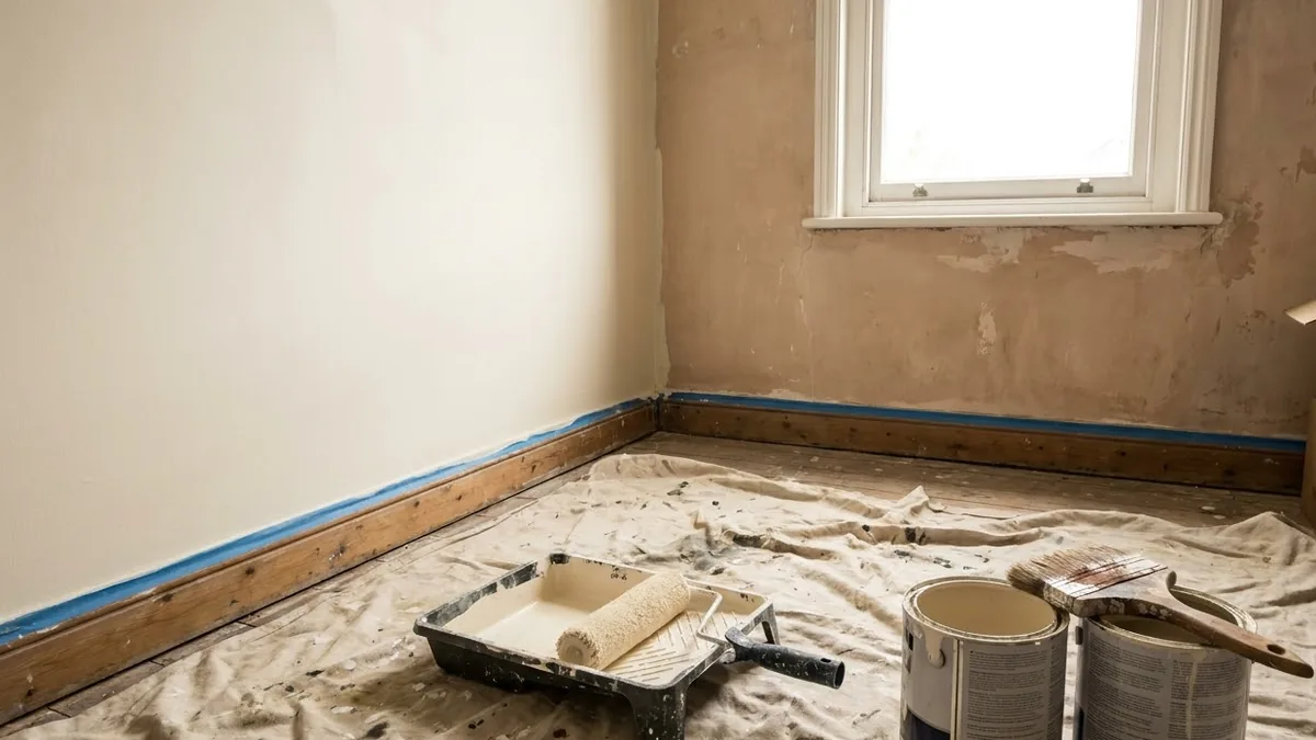 A room mid-repaint with a roller in a paint tray on a drop cloth, open tins and masking tape along the skirting, one wall finished and the next still in the old colour