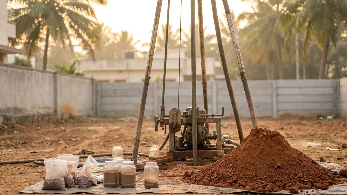 A tripod borehole rig drilling a soil test hole on a cleared residential plot in Bangalore, a cone of red excavated earth beside it and glass sample jars and soil bags laid out on a sheet in the foreground