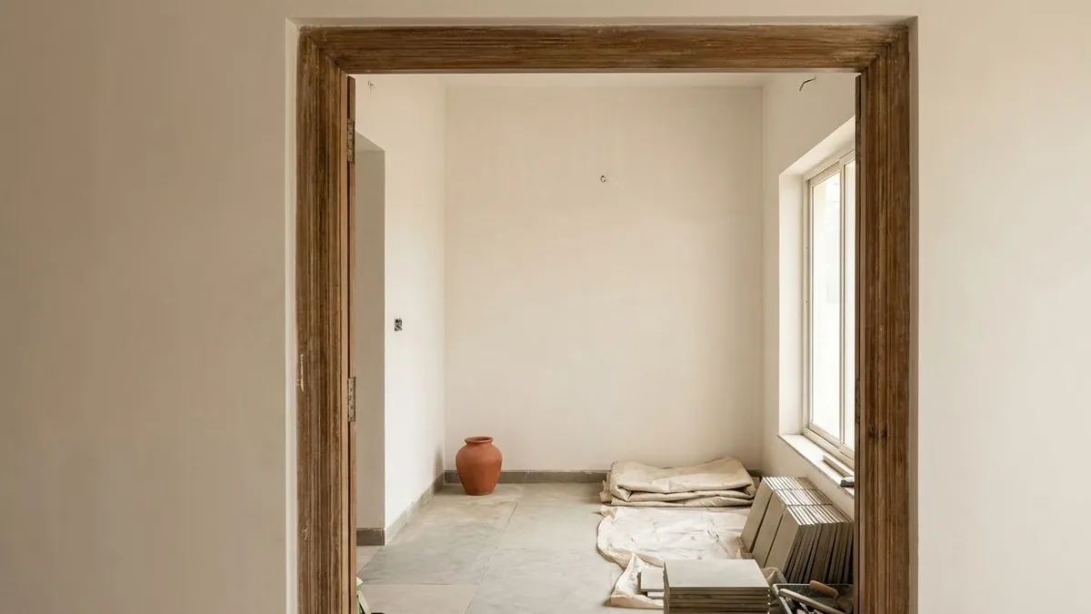 A freshly plastered room at the finishing stage seen through a doorway, with floor tiles stacked to one side and dust sheets still down