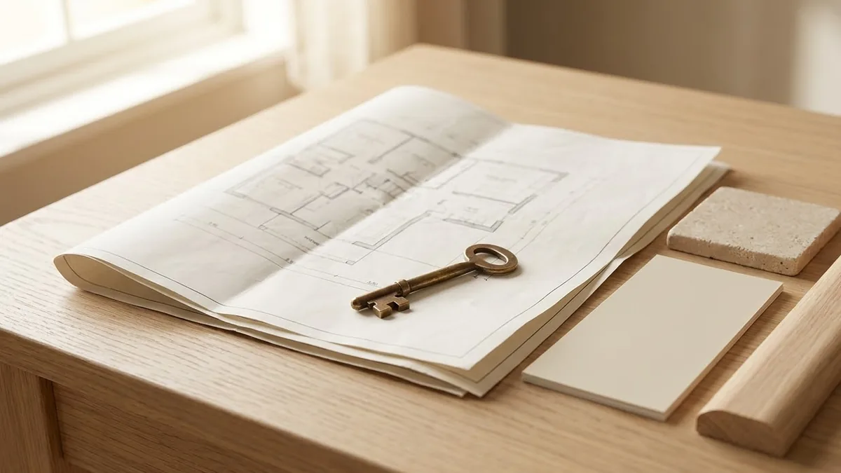 A brass door key resting on a folded house plan, beside stone, paint and oak finish samples on a pale wooden table