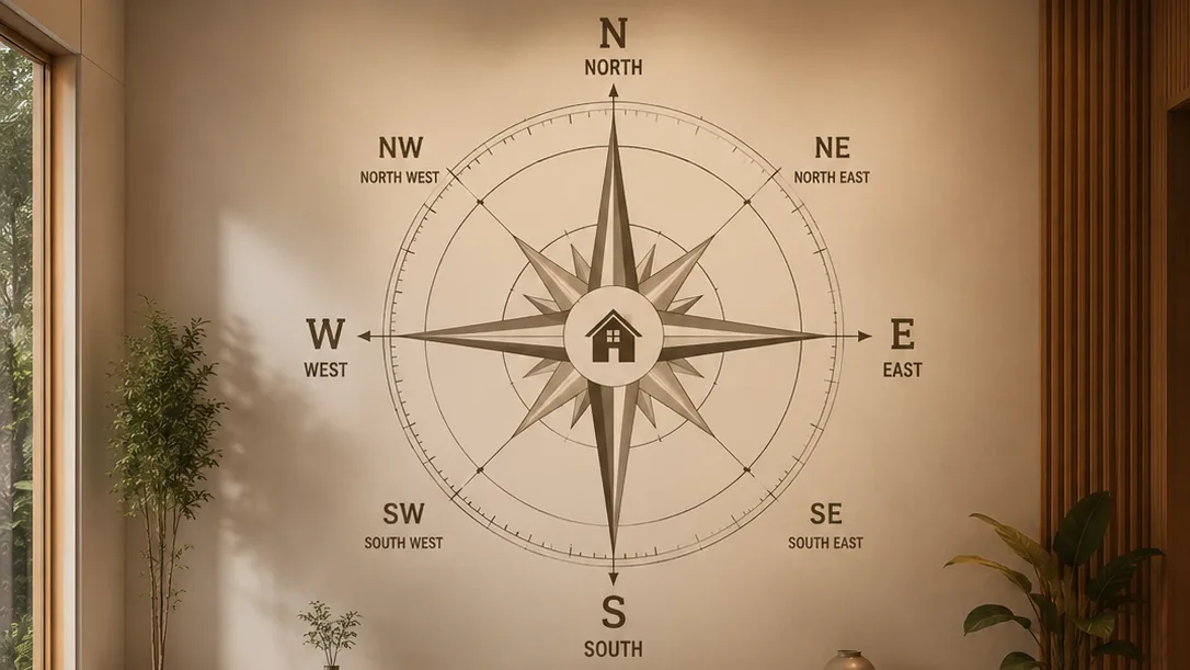 A Vastu direction compass painted across a living room wall, marked north, north-east, east, south-east, south, south-west, west and north-west around a small house symbol