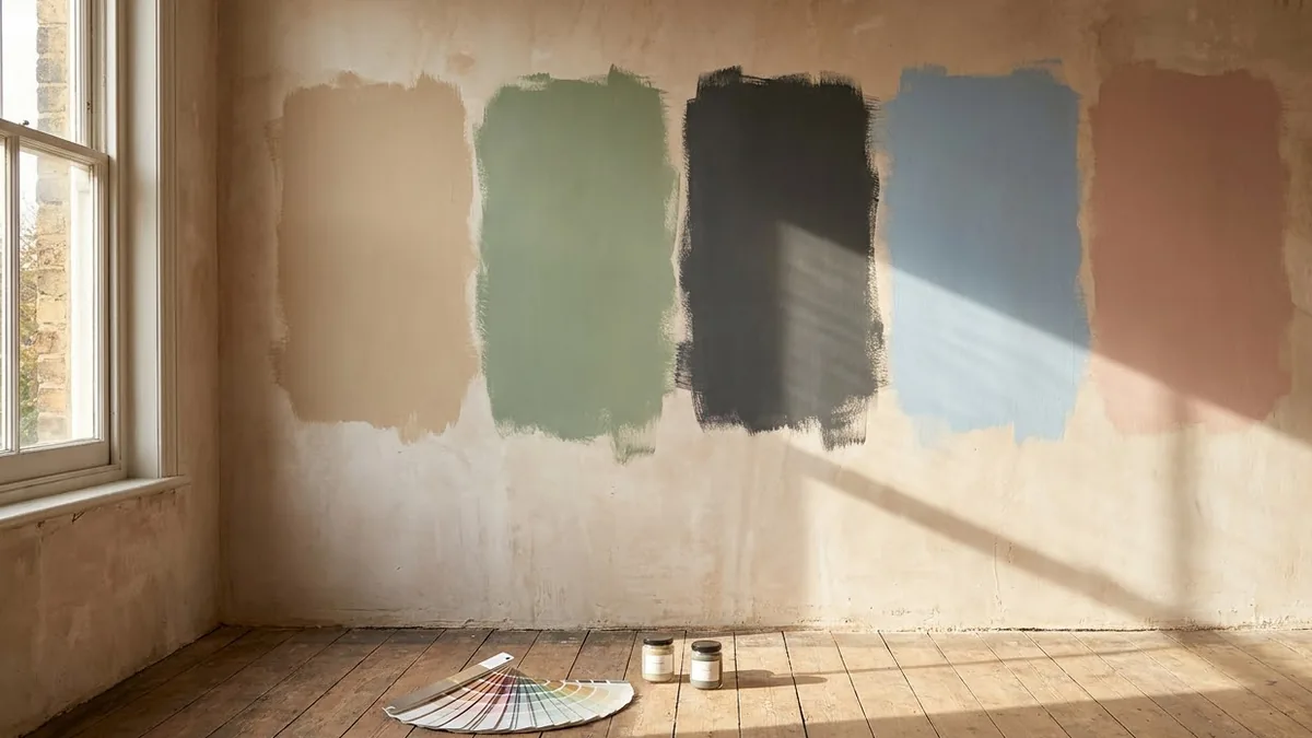 Five large paint test patches brushed onto a plastered wall - beige, sage, charcoal, powder blue and blush - with a colour fan and sample pots on the floor below