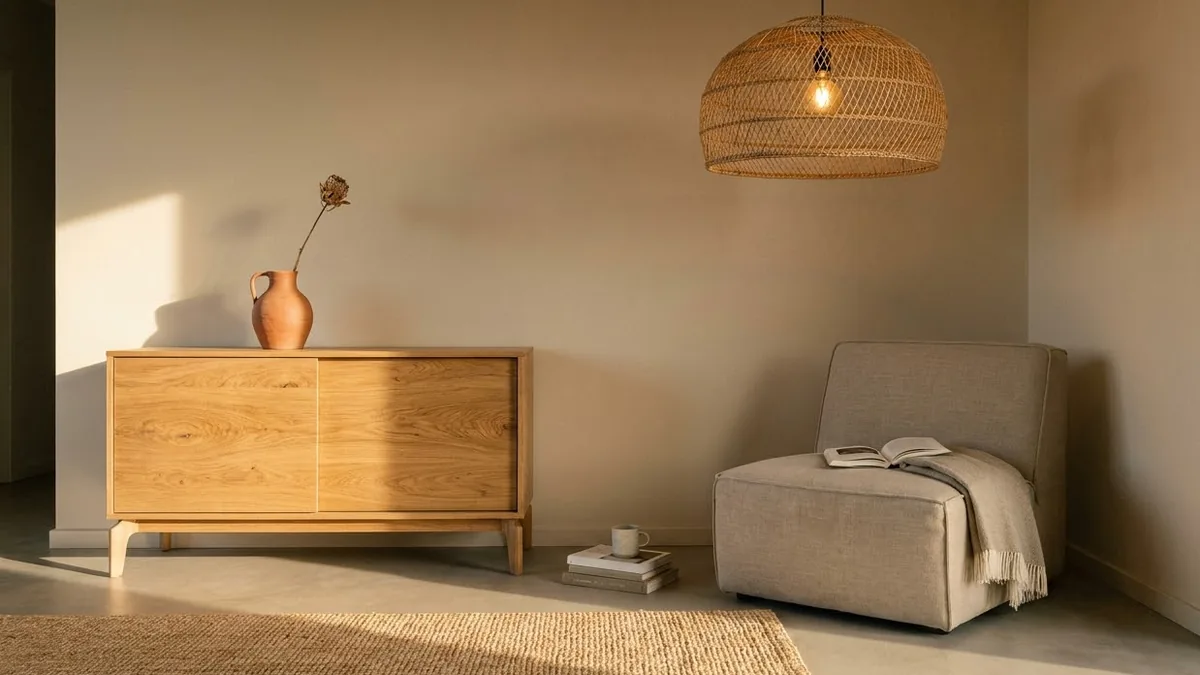 A warm minimalist living room corner with an oak sideboard, linen chair, jute rug, terracotta vase and a rattan pendant lamp in late afternoon light